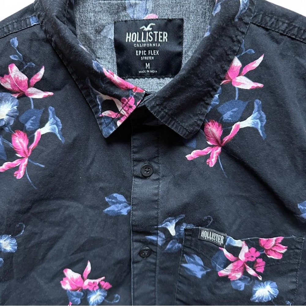 Hollister Men's Black Shirt with Pink and Blue Floral Design